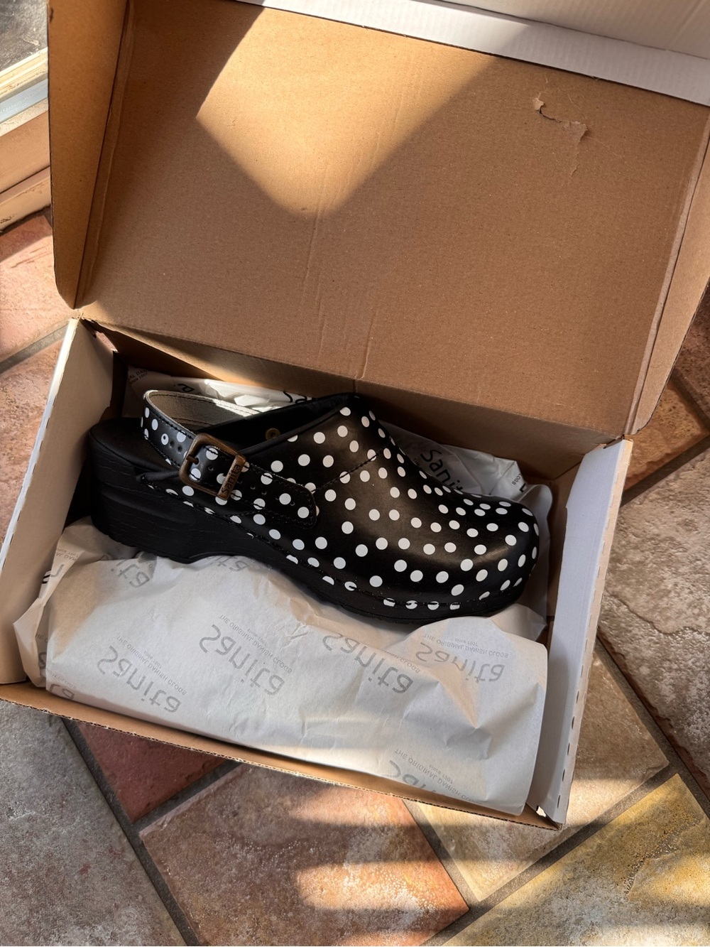 Sanita Black and White Polka Dot Slingback Clog
